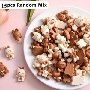 TEMU 15개 귀여운 밀크 커피 테마 곰 & 토끼 레진 참 DIY 공예용 - 갈색, 흰색, 베이지색 하트 디테일, 미니어처 동물 캐릭터 폰케이스, 머리핀, 다이어리, 스크랩북 액세서리