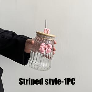 TEMU 1개 우아한 리본 장식 유리컵 (뚜껑 & 빨대 포함) - 물결무늬 재사용 가능한 음료용품, 우유, 커피, 홈 데코에 이상적 - 발렌타인데이 & 기념일, 커피 바 액세서리로 완벽