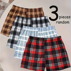 TEMU 3개입 남성용 드로즈 | 탄성, 루즈핏, 편안함, 세탁기 사용 가능, 체크 패턴, 데일리 레저 및 헬스장에 적합 - 랜덤 색상: 브라운, 레드, 그레이