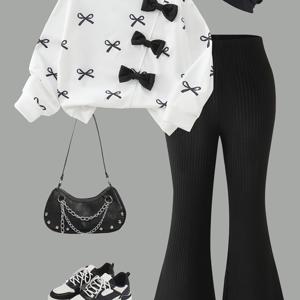 TEMU 여아용 투피스 세트: 패션 솔리드 컬러 라운드넥 보우 긴팔 후디 + 슬릿헴이 있는 발목길이의 플레어팬츠, 가을 캐주얼룩, 야외활동에 완벽