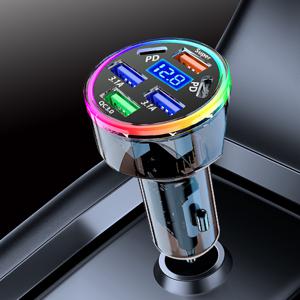 TEMU 6-in-1 USB-C 차량용 충전기 200W 고속 충전 어댑터, PD 및 QC3.0 지원, 투명 디자인, 12V-24V 범용 차량 플러그, RGB 앰비언트 라이트 및 디지털 전압 디스플레이, 아이폰 15/14/13/12/11/갤럭시/픽셀 호환