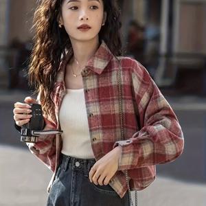 TEMU 여성 빈티지 레드 체크 셔츠 재킷 - 루즈핏 긴소매 버튼업, 가슴 포켓, 캐주얼 시크 스타일, 사계절용, 다용도 레이어링, 캐주얼 웨어 재킷 | 빈티지 스타일 재킷 | 논스트레치 원단
