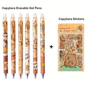 TEMU 12개입 카피바라 테마 지워지는 펜 및 스티커 세트 - 0.5mm 가는 팁, 속건성 잉크, 내장 지우개가 있는 휴대용 볼펜, 사무실, 학교, 파티 답례품 및 장식용 문구류를 위한 귀여운 동물 디자인, 귀여운 펜, 학용품