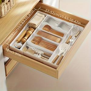TEMU 확장형 서랍 정리함 - 조절 가능한 주방용품 트레이, 포크, 스푼, 나이프, 젓가락에 적합, 다중 구획 분리기, 내구성 있는 플라스틱, 공간 절약형 디자인 (높이 68.58cm 이하) | 모던 주방 액세서리 | 다기능 정리함, 책상 및 서랍 정리용, 컴팩트 트레이,고품질 플라스틱,작은 공간 생활
