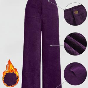 TEMU 2025 신상 가을/겨울 캐주얼 아웃팅 우아한 두꺼운 고그램 여성 로우라이즈 코듀로이 와이드 레그 팬츠, 봄/가을/겨울 아웃팅 필수, 데일리 캐주얼, 데이트, 휴가, 해변, 출퇴근용, 방한 및 보온, 사계절 착용 - 퍼플