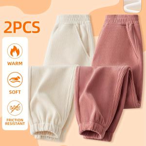 TEMU 2개 세트 여아용 기모 안감 롱 팬츠, 가을/겨울 스타일, 튼튼하고 내마모성, 아동용 캐주얼 조거 팬츠, 미디 사이즈, 트렌디, 스타일리시, 따뜻함, 겨울 의류, 야외용