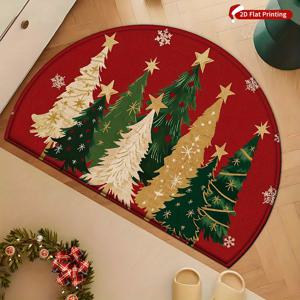 TEMU 크리스마스 트리 매트 - 플러시 반원형 미끄럼 방지, 부드러운 플란넬 느낌, 세탁 가능 & 접이식 매트 /야외 입구용, 그린 & 골든 크리스마스 장식 (애완동물 친화적), 2D 평면
