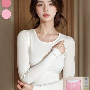 TEMU BYC 40수 100% 순면 내복 세트, 여성 상의 하의 양면 내의, 겨울 여자 면내복, 보온 방한 발열 이너웨어, 긴팔 티셔츠, 바지, 흰색, 분홍색