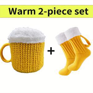 TEMU 2개입 보온 세트 | 겨울 따뜻한 남녀공용 모자와 3D 맥주 컵 양말 - 단색, 폴리아미드 및 혼방, 스포츠 미드 튜브 보온 양말