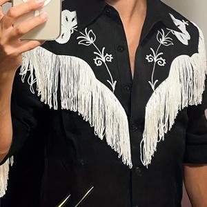 TEMU 인서런 남성 버튼셔츠 - 칼라 & 플로럴 태슬 프린지, 히피 파티 & 페스티벌 의상, 긴소매 버튼 프론트 탑, 세탁기 사용 가능 봄/가을 캐주얼웨어, 웨딩/데이트용 (레귤러 핏)