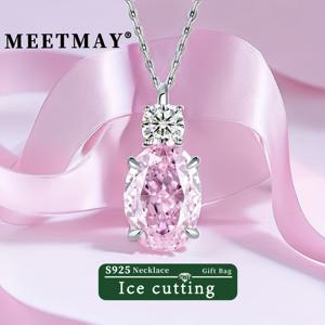 TEMU 1pc MEETMAY S925 은색 패션 펜던트 목걸이, 핑크 크러스트 아이스 컷 합성 삼차질루미나, 클래식 네 개의 발가락 설정, 여성용 보석, 40cm+5cm 체인 포함