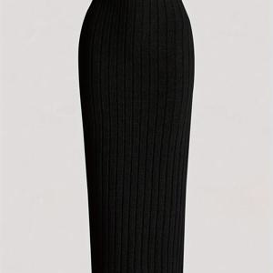 TEMU 여성용 하이웨이스트 펜실 스커트 - 리브드 니트와 탄성 허리띠, 슬림한 모양을 위한 스트레치 폴리에스터, 캐주얼 또는 공식적인 기회에 적합, 공식적인 기회 스커트 | 스커트 | 리브드 텍스처 패브리