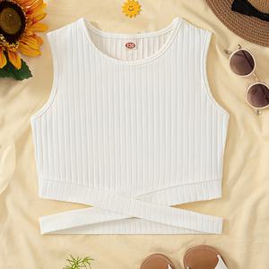 TEMU 여아용 여름 캐주얼 라운드넥 민소매 크로스 디자인 솔리드 컬러 레귤러 핏 니트 조끼