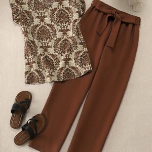 TEMU 만다라 프린트 투피스 세트, 캐주얼 러플 밑단 민소매 티셔츠 & 끈 조절 허리 루즈 팬츠 아웃핏, 여성 의류