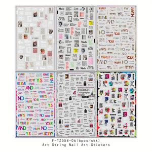 TEMU 글리터 마무리로 빈티지 그래픽 알파벳 디자인이 있는 6팩 아트 스트링 네일 스티커 자체 접착 데칼, 플라스틱 표면용 PET 소재로 광택이 있는 불규칙한 모양 - 일회용 알파벳 테마