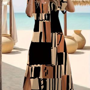 TEMU 올오버 프린트 슬릿 헴 드레스, 캐주얼 반팔 루즈핏 드레스, 봄 & 여름용 여성 의류