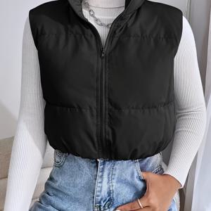 TEMU 여성용 우아한 하이넥 지퍼업 퍼버 조끼 - 단색 블랙 숏 길이 겨울 코트, 다중 포켓 및 기계 세탁 가능 레이어링 아우터웨어, 겨울 재킷