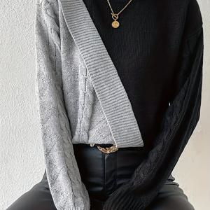 TEMU 플러스 사이즈 컬러 블록 케이블 니트 스웨터, 우아한 크루넥 롱슬리브 스웨터 가을 & 겨울, 여성 플러스 사이즈 의류