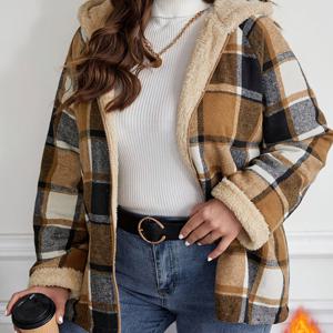 TEMU 여성용 체크무늬 테디 안감 후드 코트 - 우아한 지퍼업, 긴 소매 아우터웨어, 퍼지 트림, 세탁기 및 드라이클리닝 가능, 가을/겨울에 완벽, 지퍼업 후디