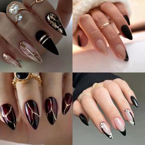 TEMU 가을 겨울용 프레스온 네일 4개 세트 (96개), 골드 글리터 디자인 혼합 레드 브라운 그라데이션 미디움 아몬드형 접착식 손톱 + 네일 파일 포함 여성용