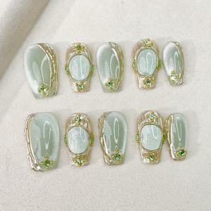 TEMU [그린 레더] 10개 짧은 레더 순수 수제 착용 나일, 고상하고 우아한, 반짝이는, 녹색 중심, 일상 생활, 작업장, 데이트, 대학, 파티 및 댄스에 적합, 분리 및 재사용 가능, 패키지에는 1개의 젤리 접착제와 1개의 나일 파일이 포함되어 있습니다.|네일팁