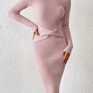 TEMU 2025 신상 유럽&미국풍 가을/겨울용 하이넥 긴소매 바디콘 미디드레스