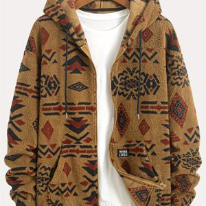 TEMU 남성용 스타일리시 양면 플러시 프린트 후드 집업 재킷 - 포근한 긴소매 캐주얼 아우터, 대비되는 색상의 디자인, 따뜻하고 트렌디한 가을/겨울용, 또는 출퇴근에 적합, 겨울 재킷