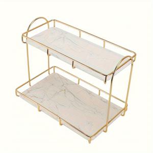 TEMU 2단 골든 카본 스틸 화장품 정리대 - 향수 및 화장품을 위한 공간 절약형 욕실 선반, 쉬운 조립|향수