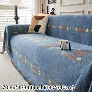 TEMU 1개 우아한 셔닐 소파 커버 - 사계절용, 애완동물 친화적, 미끄럼 방지 및 스크래치 방지, 현대적인 기하학적 디자인의 파란색과 컬러풀한 악센트 - 1인용부터 4인용 소파까지 홈 데코 보호용, 애완동물 친화적 커버|장식용 액센트 베개|복잡한 패턴, 거실용 소파 커버|쇼파