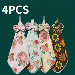 TEMU 스타일 마이크로화이버 핸드 타월 4개 세트 - 초흡수성, 탈모 방지, 꽃무늬 및 기하학 패턴 장식, 주방 및 욕실 사용에 완벽, 걸이 링 포함