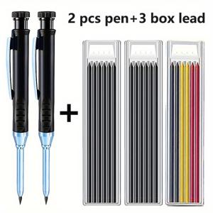 TEMU 내장형 샤프너 & 딥홀 마커펜 포함 5개 세트 기계식 연필 - 헤비듀티 플라스틱 건축/목수용 드로잉 연필 키트 (연필 2개 + 리필심 3개) - 기술 도면, DIY에 이상적