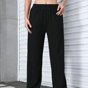 TEMU 여성용 플러스 사이즈 하이웨이스트 레그 팬츠 - 신축성 있고, 루즈핏, 솔리드 블랙, 사계절용 캐주얼 & 편안함, 올시즌 트라우저 | 스타일 | 신축성 있는 원단
