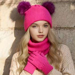 TEMU 여성용 핑크 비니 모자, 스카프 & 장갑 세트 - 부드럽고 신축성 있는 겨울 따뜻함, 귀여운 토끼 귀 & 하트 컷아웃, 팽지 핑크 색상에 팁