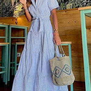 TEMU 여성용 우아한 폴리에스터 튜닉 드레스 - 여름 반팔 래펠 칼라 셔츠 드레스, 비대칭 밑단 및 벨트 디테일, 성인용 루즈핏 롱 스커트|반팔블라우스