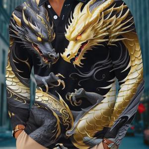TEMU 남성용 미식 드래곤 프린트 골프 셔츠, 캐주얼 스타일 롱슬리브 상의 선물로