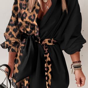 TEMU 여성용 프린트 랩 드레스, V넥과 버튼 디테일 - 세련된 블랙과 브라운 패턴, 모든 계절에 적합, 캐주얼에서 반정형 의상까지, 캐주얼 의상|V넥 드레스|랩 드레스