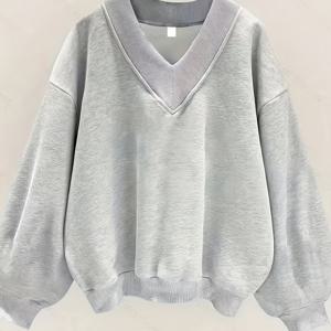 TEMU 여성용 캐주얼 V넥 랜턴 슬리브 풀오버 스웨트셔츠 - 가을 겨울용 소프트 솔리드 컬러 긴팔 티, 세탁기 사용 가능 코지 웨어, 귀여운 스웨터, 리브드 커프스 디자인, 텍스처감 있는 편안한 옷