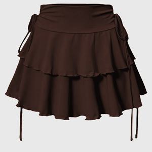 TEMU 우아한 레이어드 러플 스커트 - 여성용, 폴리에스터 블렌드, 단색, 니트 원단, 끈 디테일, 봄/여름/가을용 - 스타일리시한 하이웨이스트 미디 스커트