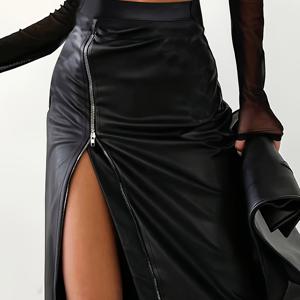 TEMU 우아한 하이웨스트 니트 스커트, 단색, 옆 지퍼 및 스플릿 디테일, 모든 계절에 적합