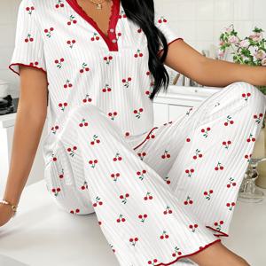 TEMU 우아한 체리 프린트 여성용 파자마 세트 - V넥 레이스 트림, 반팔 상의 & 긴 바지, 빨간색 & 흰색 과일 패턴, 편안한 가을/겨울용 루즈웨어, 루즈웨어 파자마 | V넥 상의 | 레이스 트림 디테일, 체리 파자마