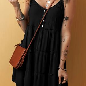 TEMU 여성용 폴리에스테르 V넥 플리츠 티어드 슬립 드레스, 니트 원단, 버튼 디테일, 봄/여름/가을 휴가 스타일