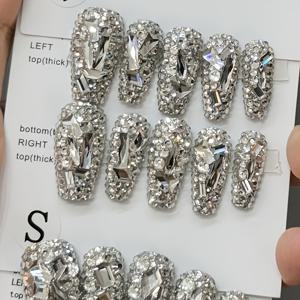 TEMU 핸드메이드 착용 가능한 반짝이는 실버 풀 미디엄 길이 10pcs 럭셔리 핸드크래프트 스티커형 인조 네일, 여성용 라인스톤 포함, 도구 키트 세트 4개 포함