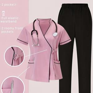 TEMU 스탠드 칼라 패션 파우더 엣지 반팔 정장 작업복 미용실 유니폼