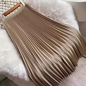 TEMU 여성용 우아한 녹색 플리츠 미디 스커트 - 높은 허리, 단색으로 우아한 플리츠 디자인, 봄/가을 패션에 완벽한 다재다능한 패션 | 플리츠 스커트 | 광택 있는 텍스처