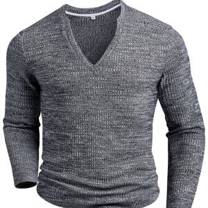 TEMU 남성용 슬림핏 V넥 헨리 셔츠 - 다크 그레이/블랙 가로 줄무늬, 신축성 있는 긴팔 칼라 버튼 없는 재킷 스타일 탑, 캐주얼 & 스마트 캐주얼 착용, 세탁기 사용 가능한 봄