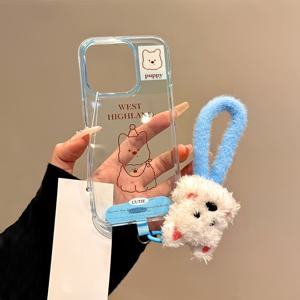 TEMU 아이폰 11 12 13 프로 맥스용 대형 구멍 투명 블루 강아지 폰 케이스와 화이트 플러시 강아지 폰 스트랩