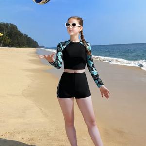 TEMU 13-16세 청소년을 위한 타겟드 개발 두피스 여아 선스크린 긴팔 수영복 반바지 세트, 해변 휴가 여름 수영복 고신축성 부드러운 쿨한 투피스 세트