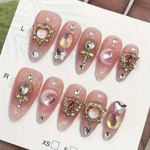 TEMU 10개 고급 핑크 아몬드 모양 네일 아트 팁, 그라데이션 블러시, 수제 네일 디자인.|네일팁