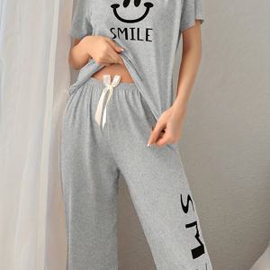 TEMU 폴리에스터 엘라스테인 크루넥 캐주얼 여성용 반팔 긴팔 알파벳 프린트 잠옷 파자마 세트, 그레이, 성인용, 올 시즌