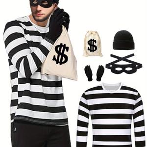 TEMU 12월 2023년부터 7월 2024년까지 남성용 강력한 범죄 의류 세트 6개, 중성적인 도둑 코스프레 블랙 앤 화이트 긴팔 티셔츠 빈백 모자 장갑 마스크 할로윈 머니백, 변신된 범죄 의류, 남성 경찰 은행 도둑, 카니발 파티 의류